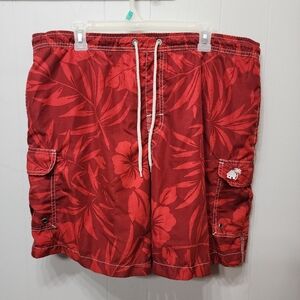 Caribbean Joe Swim Trunks Medium‎ Burgundy Floral Tropical Beach Swim C432
